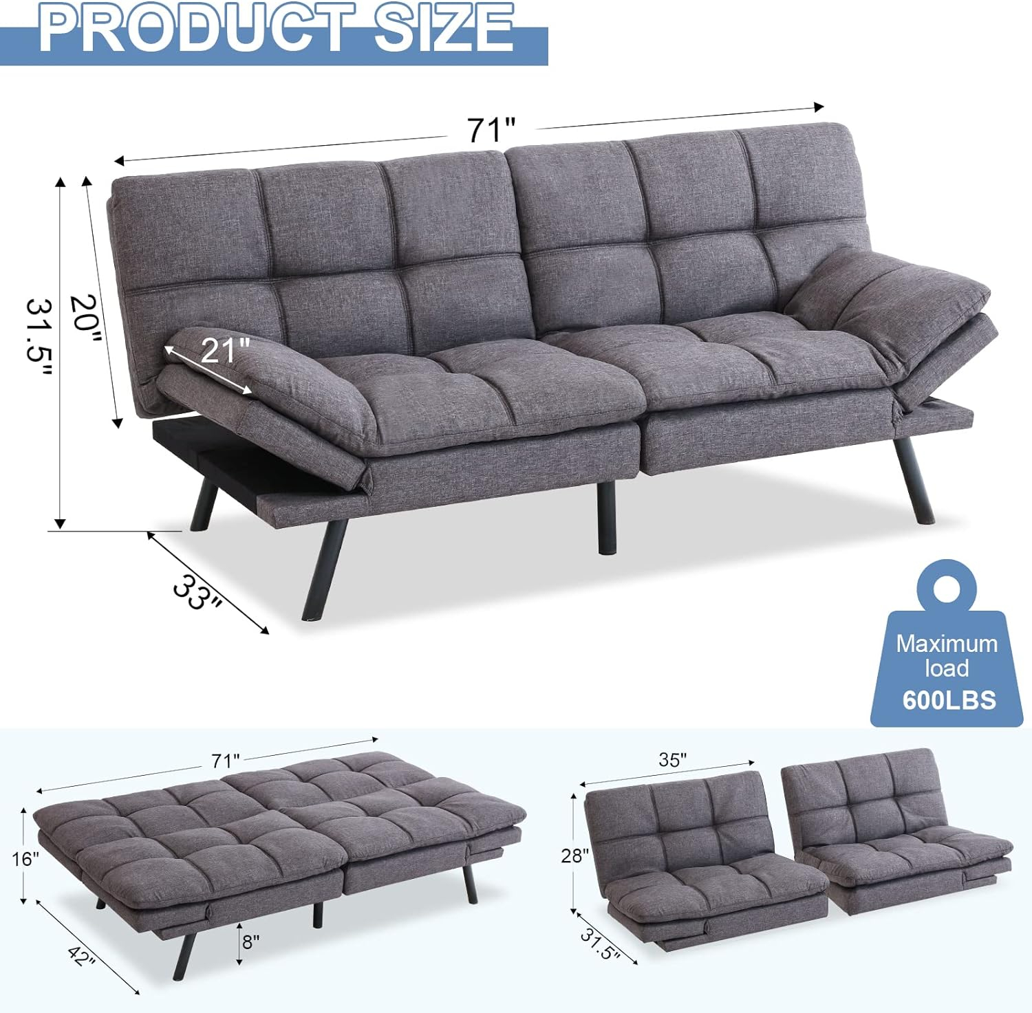 High Quality Living Room Sofa Bed Couch Memory Foam Futon Convertible Couch Bed - Image 2